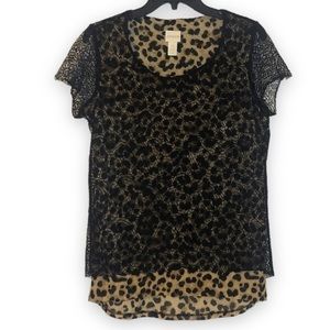 CHICO’S Womens Animal PrintTop with Black Shear Lace Overlay SS Size 0/Small